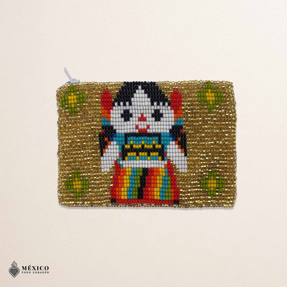 Gold Mexican Beaded Maria Doll Coin Purse – Handmade Artisan Zipper Pouch